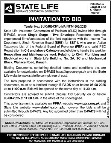State Life Insurance Corporation of Pakistan Karachi Tender Notice
